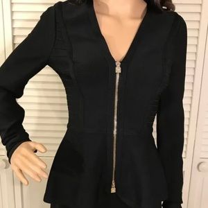 Herve’ Leger - long sleeve zip front peplum top w/ silver hardware